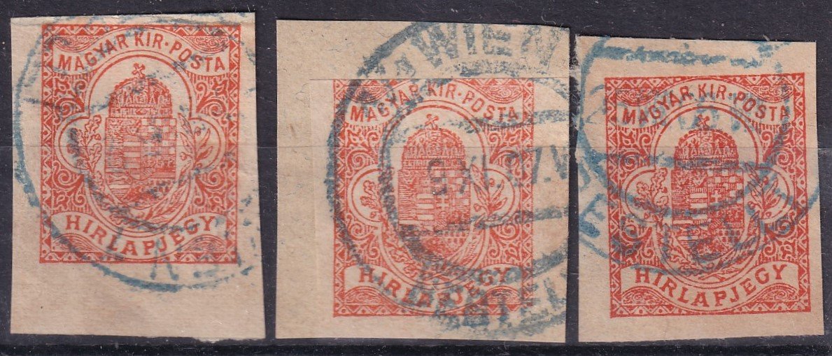 3 db kékszínű WIEN érkezési bélyegzés Hírlapbélyegeken