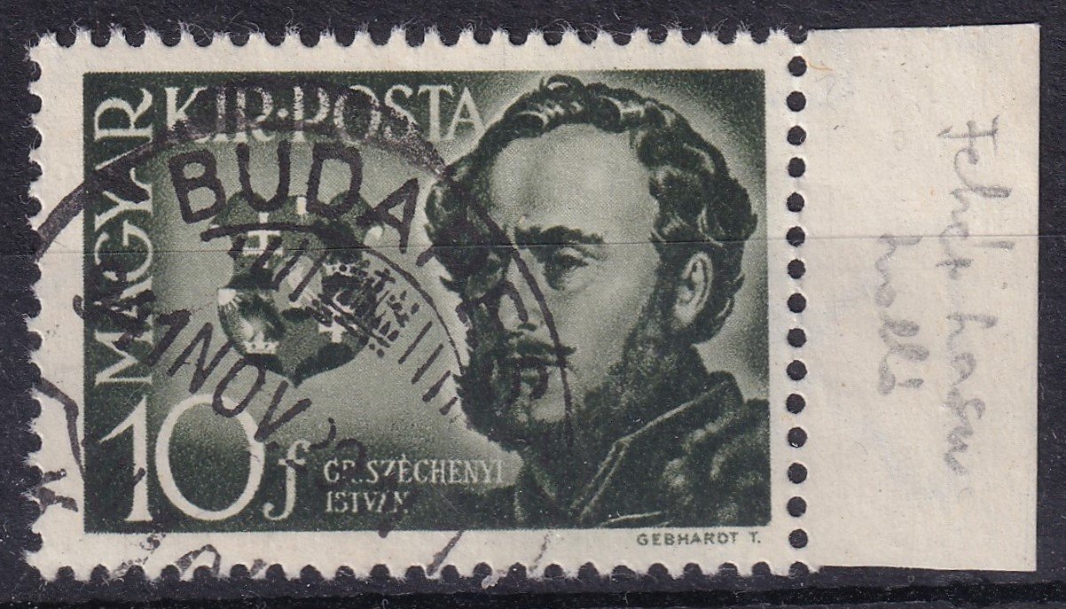 1941. Gróf Széchenyi István I. 10f "fehér hasú holló" tévyomat ívszéli bélyegen