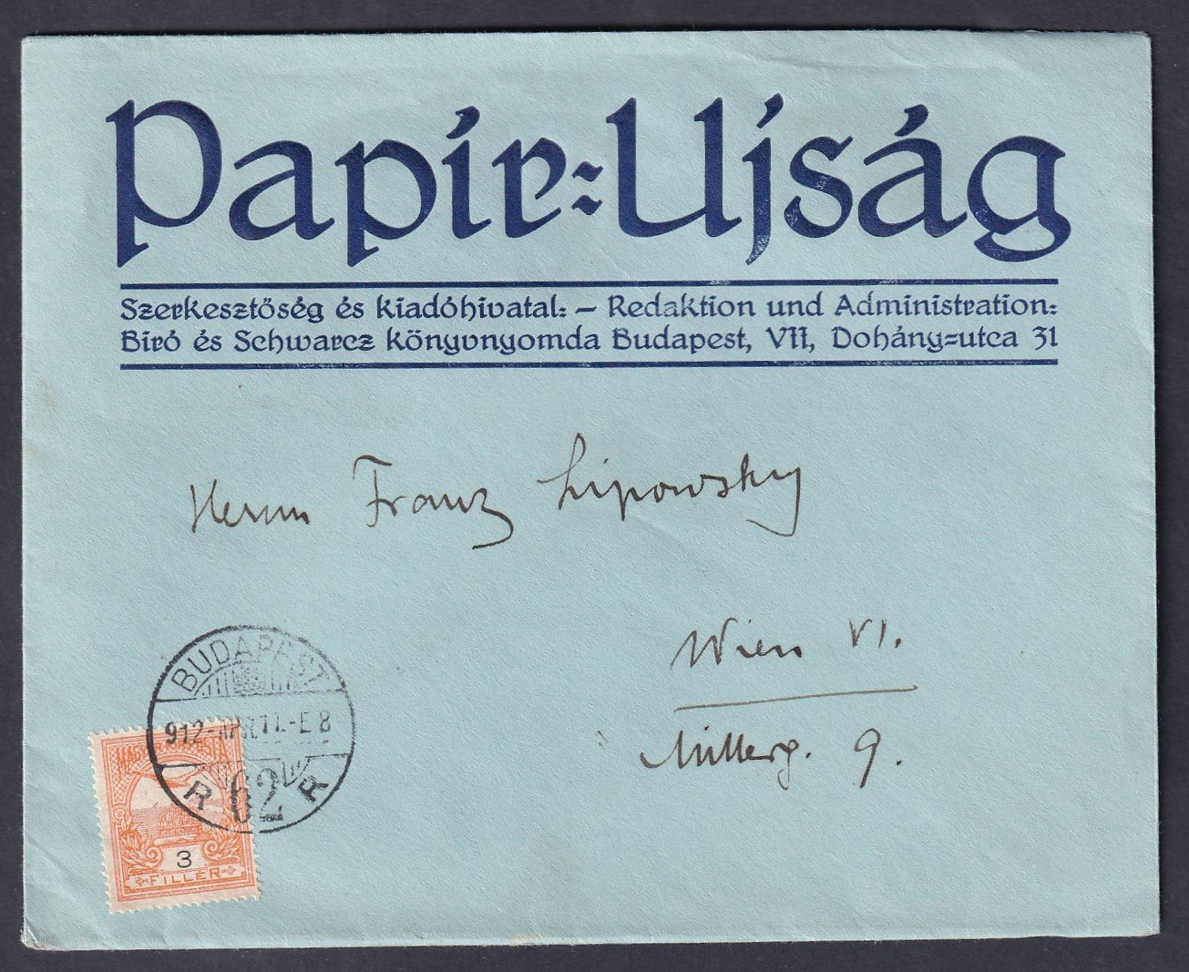 1912. Budapest, Bécsbe feladott nyomtatvány küldemény - 3 f bérmentesítéssel