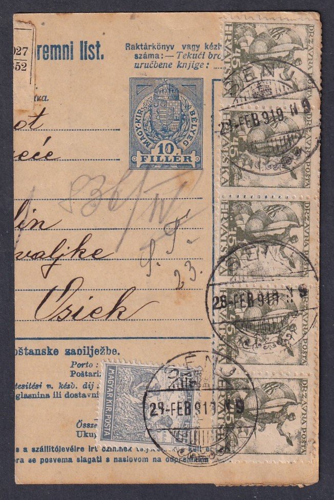 1919. Horvátország, csomagszállító levél, vegyes magyar díjlerovás