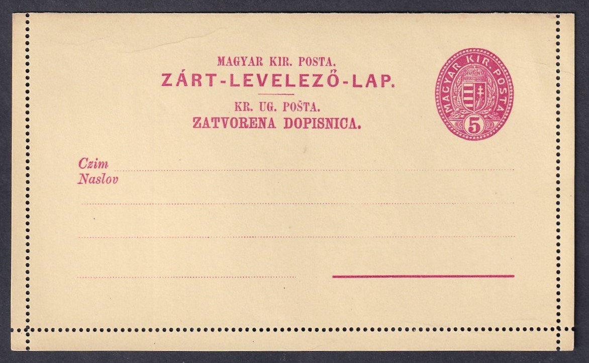1886. 5 kr magyar-horvát nyelvű használatlan Zárt-levelezőlap 11,1/4 sorfogazással