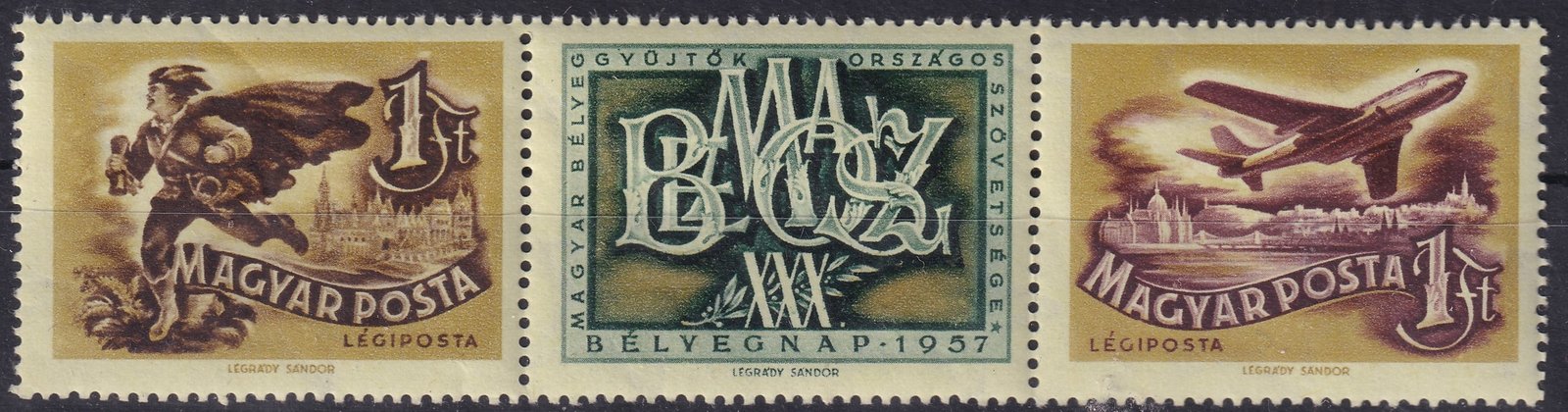 1957. Bélyegnap – összefüggő csík, a zöld szín részleges gépi színátnyomatával