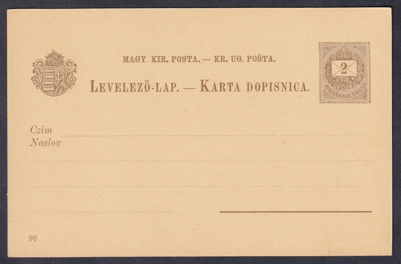 1896. Milleniumi 2kr díjjegyes, használatlan levelezőlap