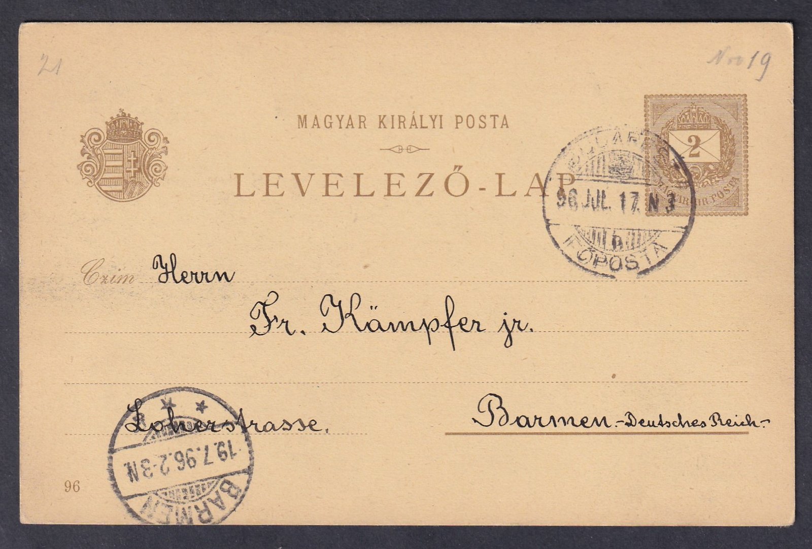 1896. Budapest, Barmen (ma Wuppertal-része)-be feladott Milleniumi 2kr levelezőlap