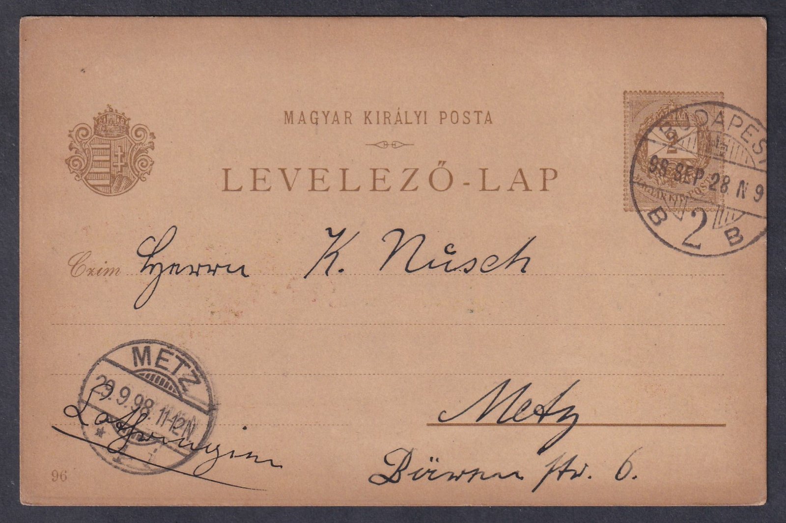 1898. Budapest, Metz (Franciaország) -ba feladott Milleumi 2kr-os levelezőlap (portó nélkül, furcsa!)