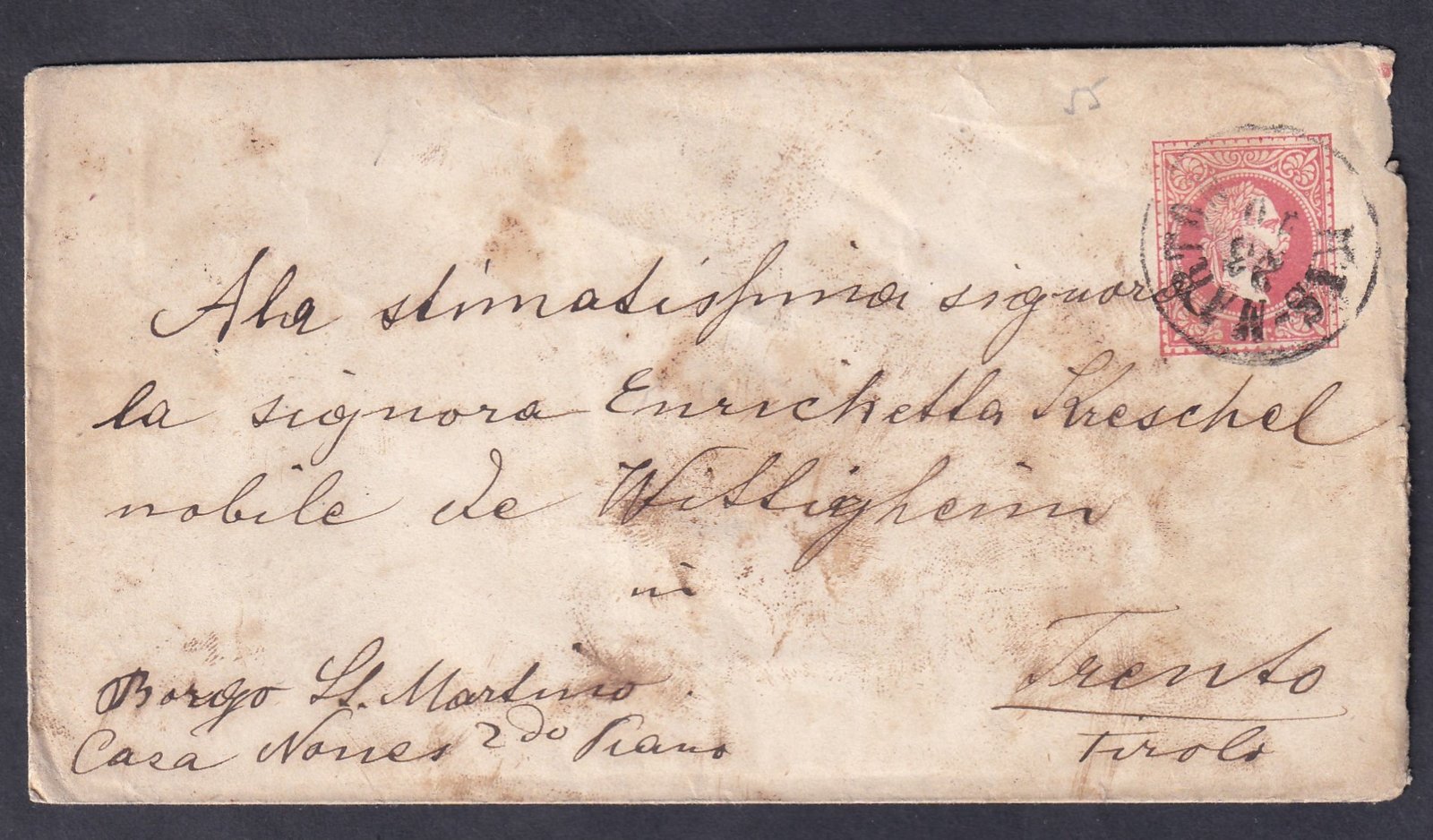 ~1869. KisMarton, Trento-ba feladott 5kr díjjegyes boríték