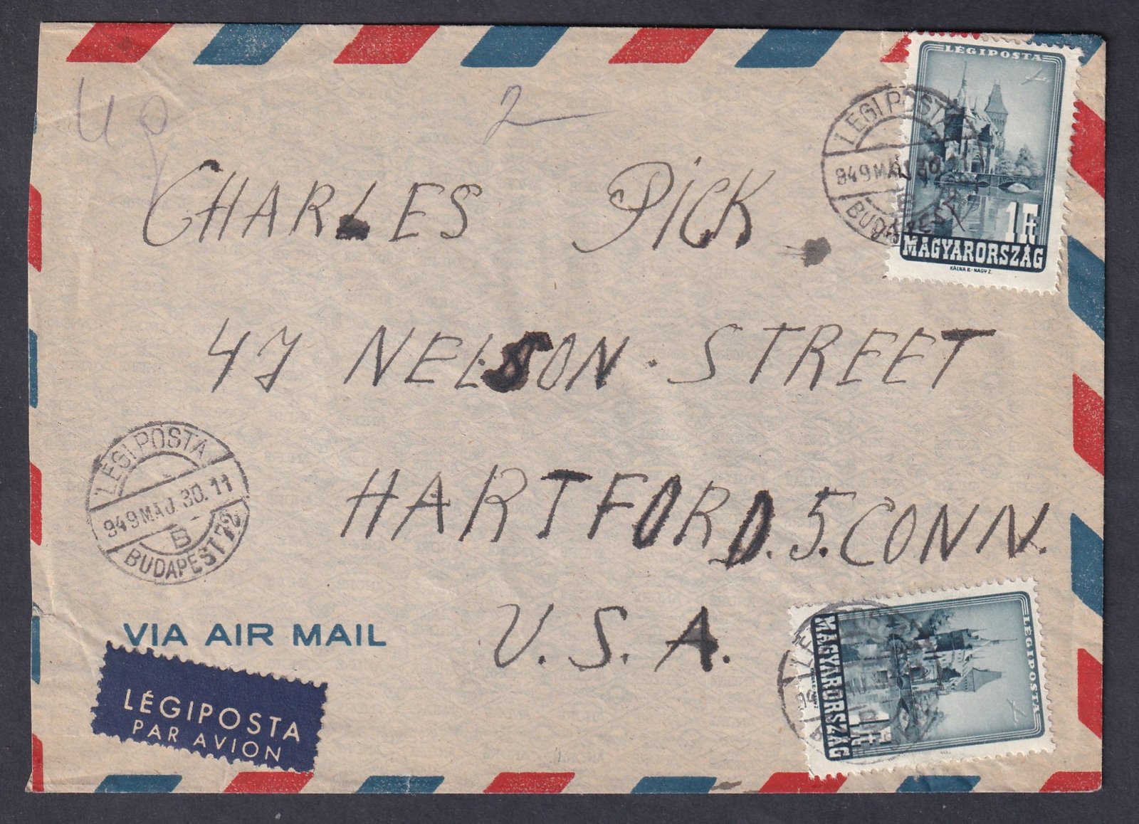 1949. Budapest, Hartford (USA)-ba feladott légiposta levél