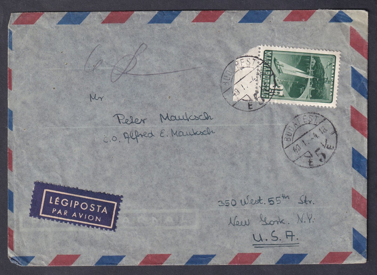 1949. Budapest, New York (USA)-ba feladott légiposta levél