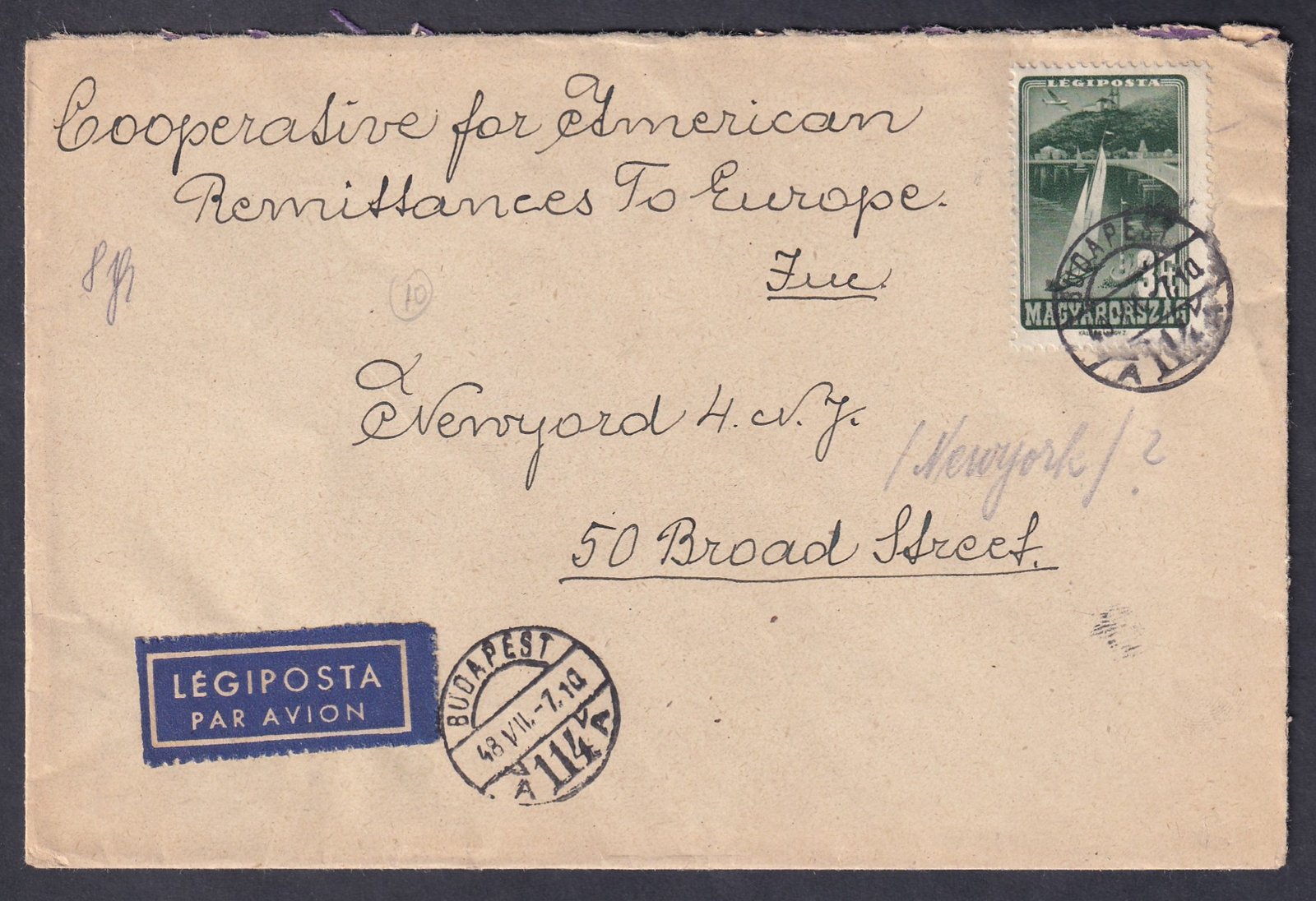 1948. Budapest, New York (USA)-ba feladott légiposta levél