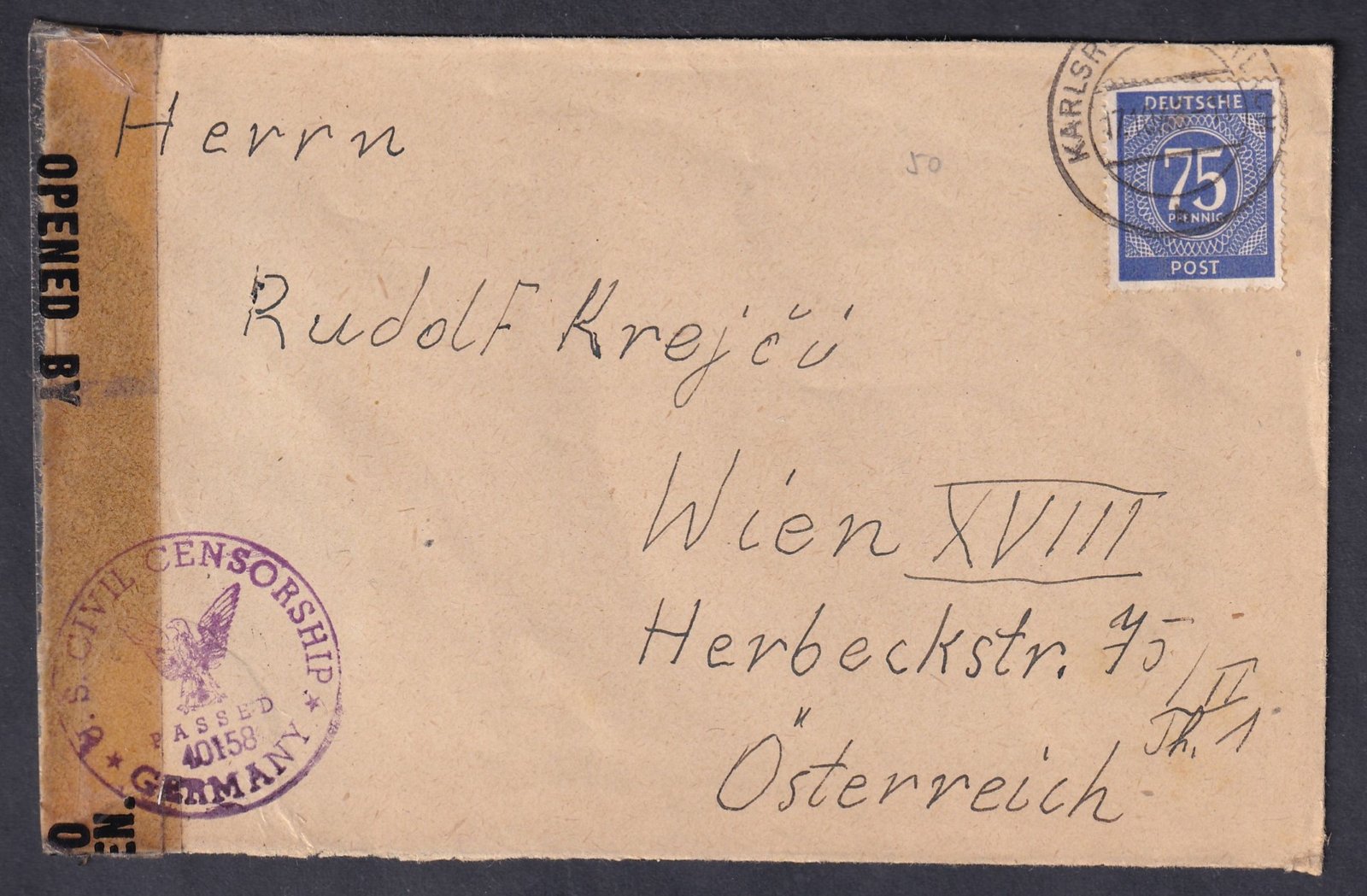 1946. Németország, Ausztriába feladott cenzúrázott levél