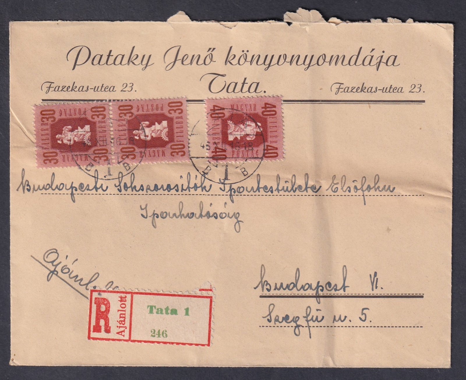 IMG_20260215_0039 1946. TATA, Budapestre feladott ajánlott levél többes színes bérmentesítéssel