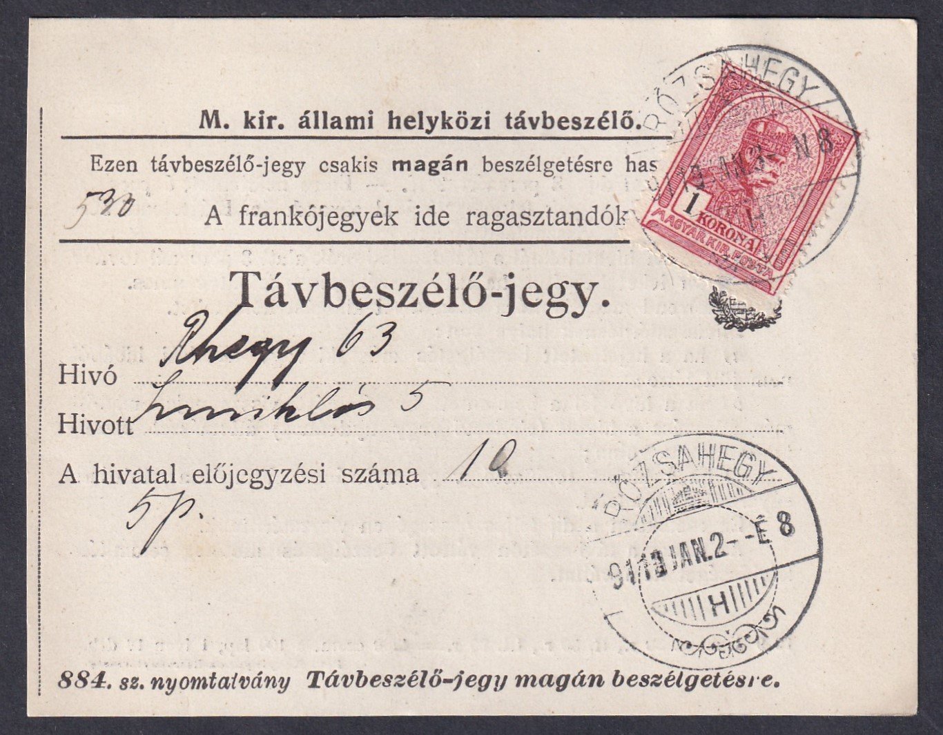 1911. Rózsahely, Távbeszélő-jegy