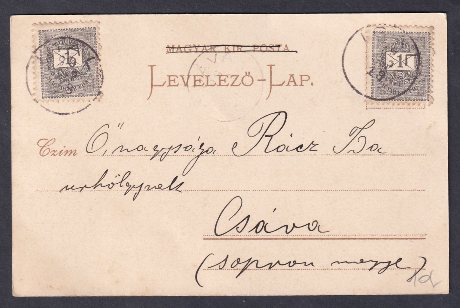 1899. IGAL, CSÁVA-ra feladott képeslap