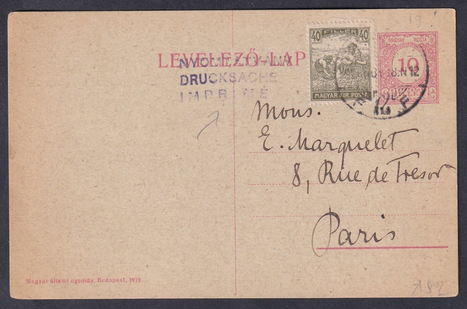 1922. (5. dsz.) Párzsba feladott nyomtatvány - előre nyomtatott reklámmal