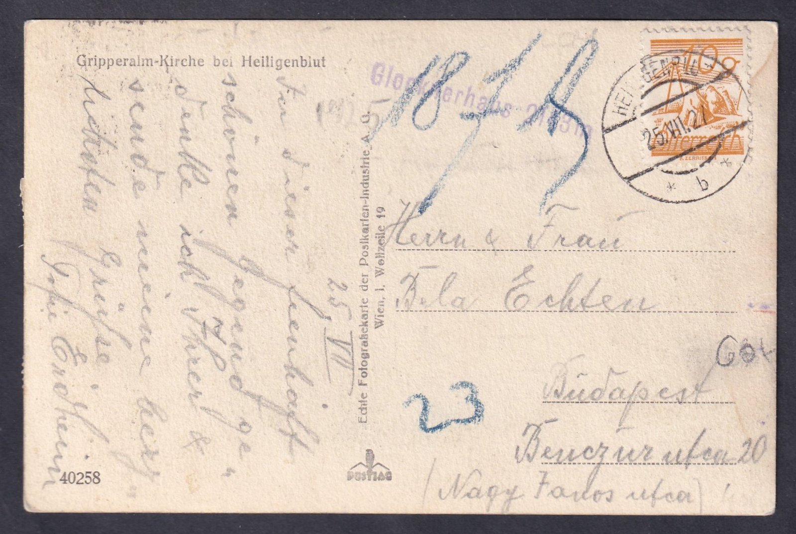 1927. Ausztria, Budapestre feladott képeslap portózva, vegyes Ikarusz-Piros számú portózás!