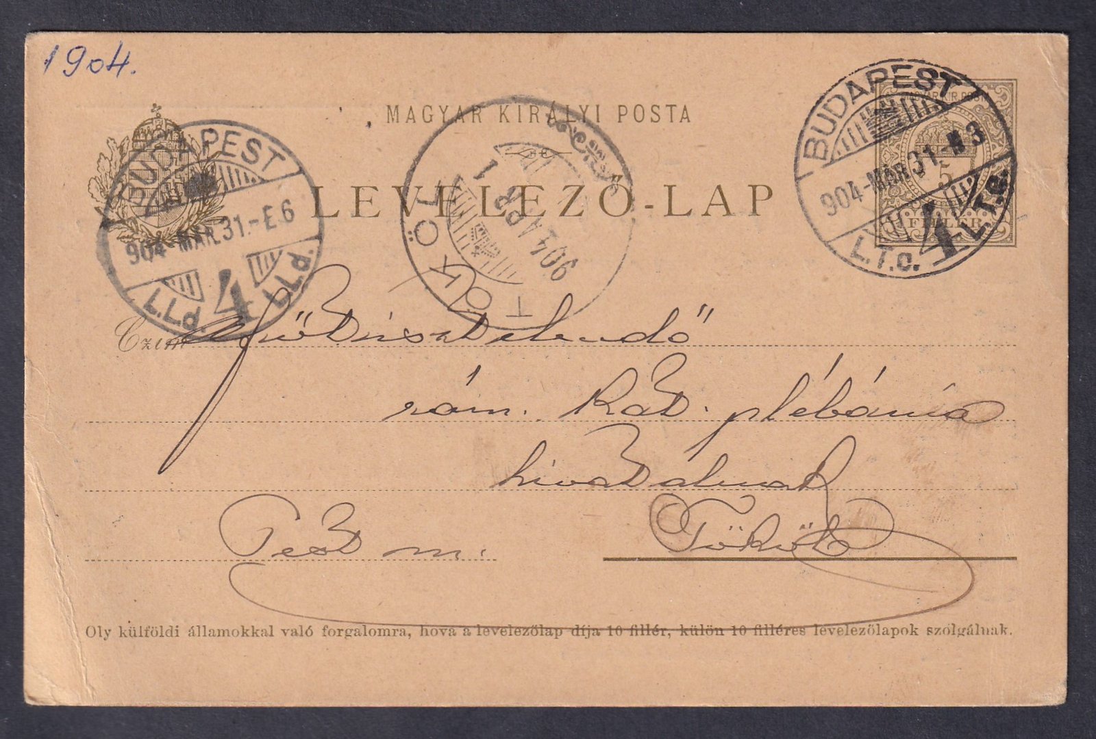 1904. Budapest, Tökölre feladott, céges reklám nyomással ellátott levelezőlap