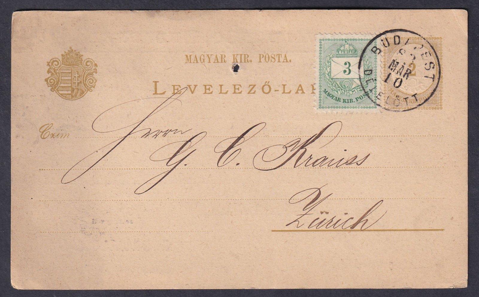 1883. Budapest, Zürich-be feladott céges reklámnyomással ellátott levelezőlap