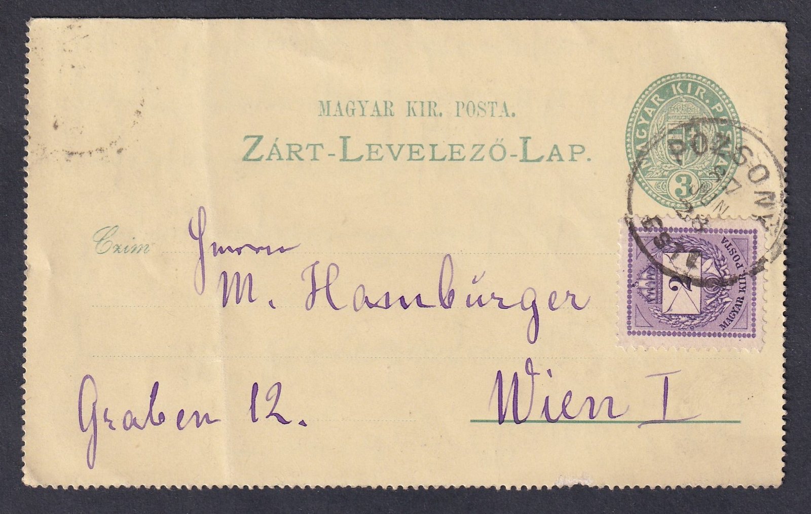 1887, Pozsony – Bécsbe feladott, díjkiegészített zárt levelezőlap, 2 krajcáros sötét vörösibolya színben (ritka!)