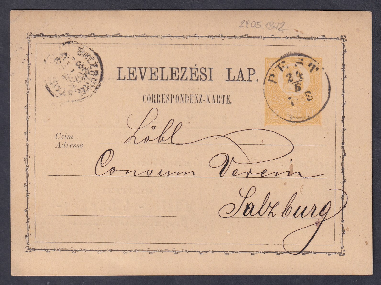 IMG_20260217_0013 1872. Pesth, Salzburgba feladott levelezőlap, céges előnyomással