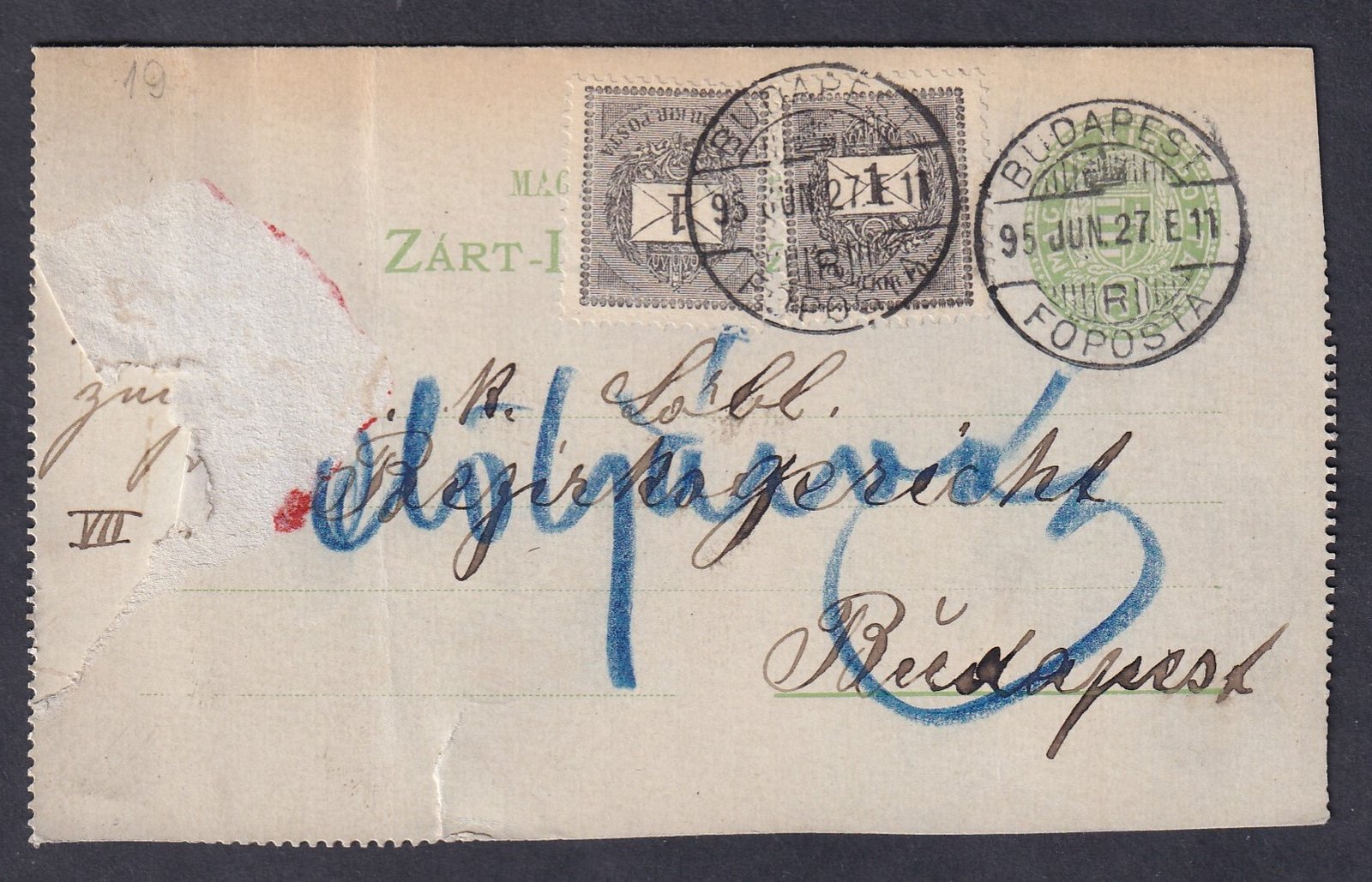 1895. Budapest – helyben feladott 3 kr-os zárt levelezőlap, 2 krajcárral túlbérmentesítve