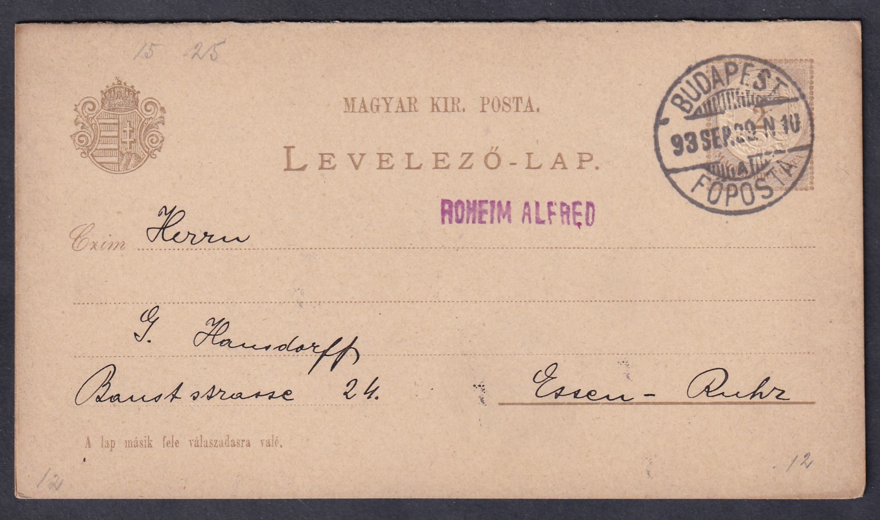 IMG_20260217_0019 1893. Budapest, Essen-be feladott, Válaszlapos-levelezőlap. használatlan tőlappal
