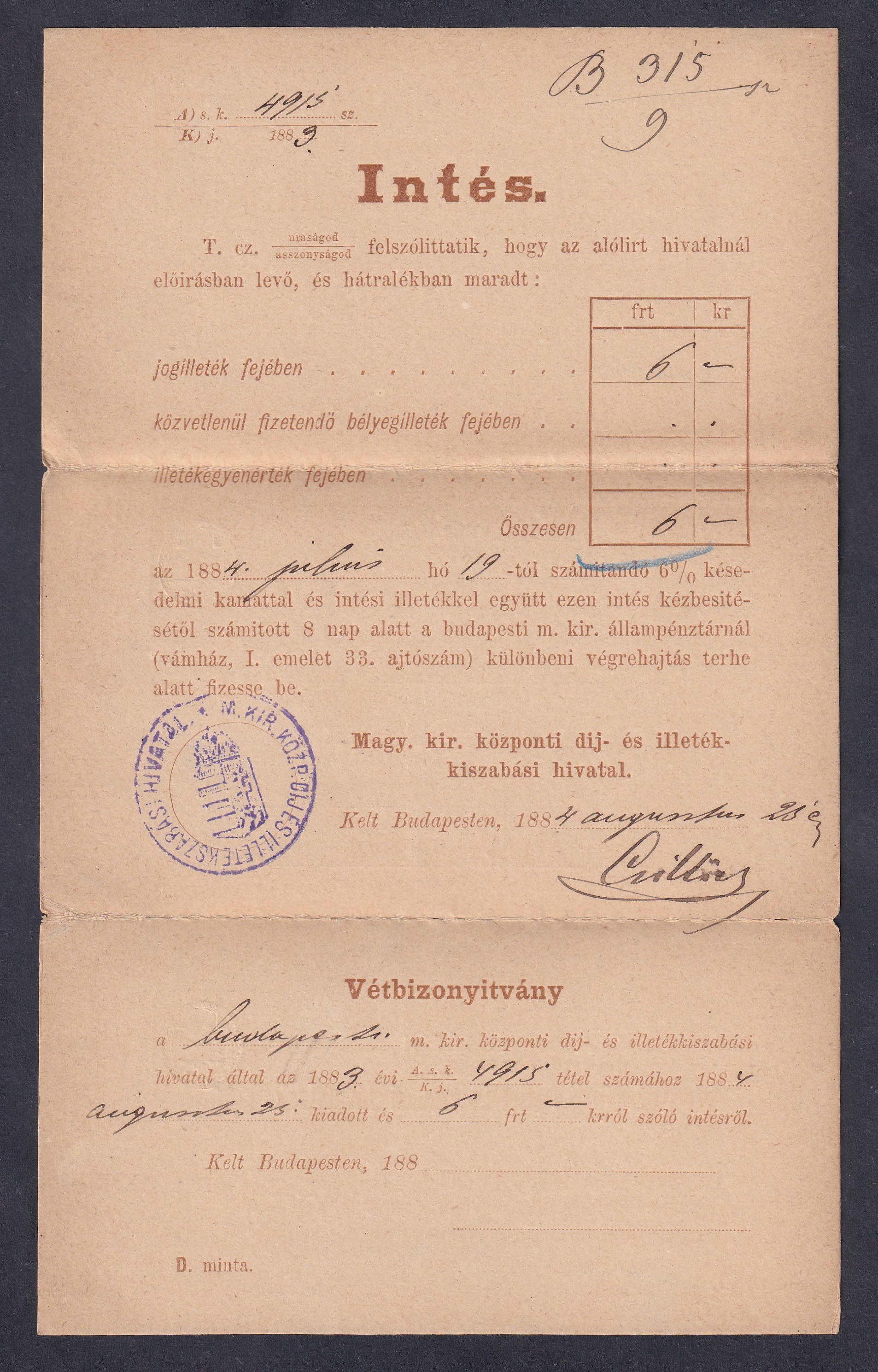 1883. Adóintés, teljes darab – mindhárom lap egyben, kezelésekkel; így ritka!