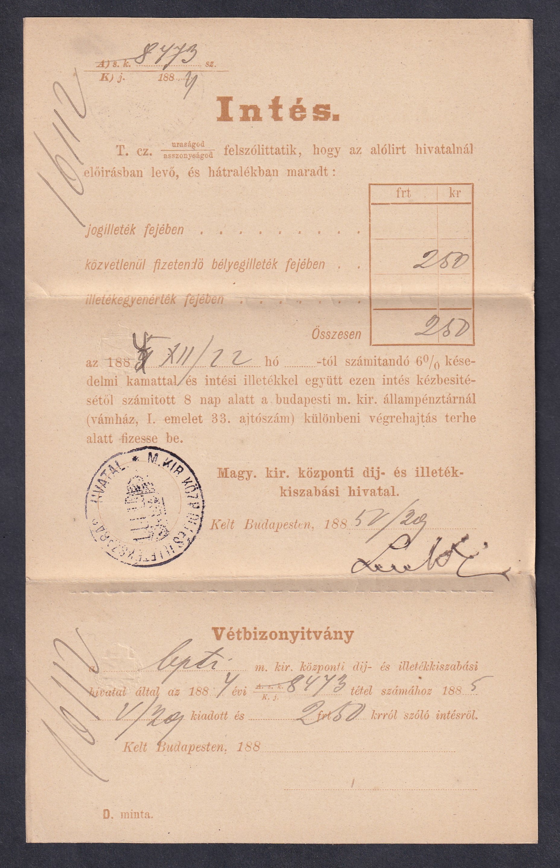 1884. Adóintés, teljes darab – mindhárom lap egyben, kezelésekkel; így ritka!