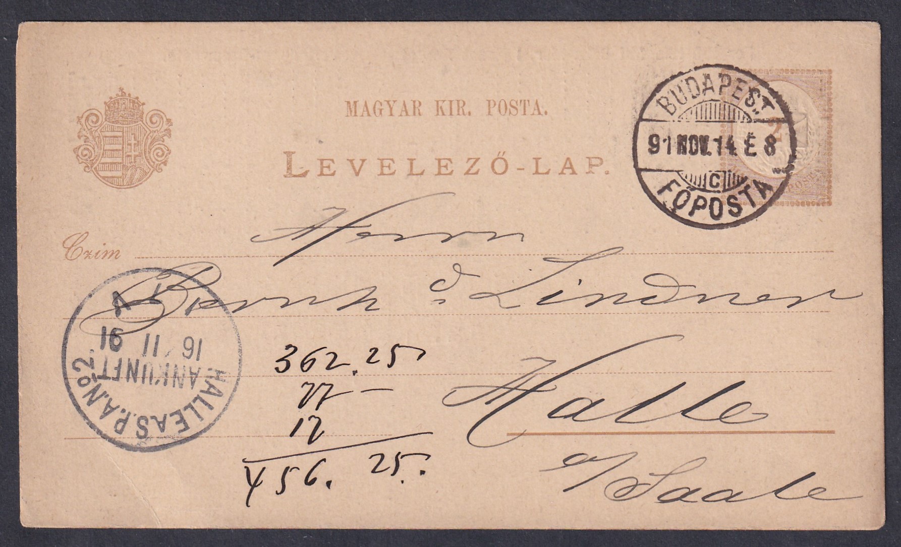 IMG_20260217_0036 1891. Budapest, Halle an der Saale-ba feladott levelezőlap, hátoldalán céges előnyomással