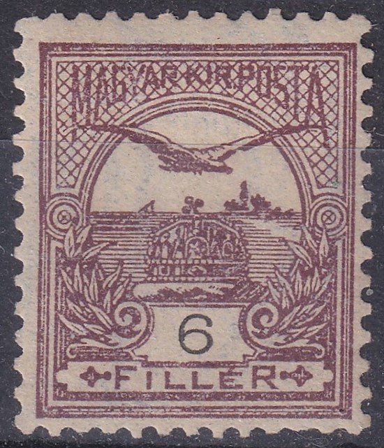 IMG_20260219_0001.2 1900. 6f /E/, lilásbarna színben, jobbra dőlő korona vízjellel. Ez a színváltozat kizárólag B3 vízjelállással ismert (56 000). Rendkívül ritka, kiemelkedő gyűjteményi darab!