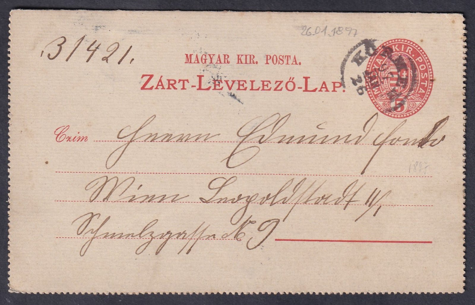 1897. Kőszeg, Bécsbe feladott Zárt Levelezőlap (11,3-as sorfogazással)