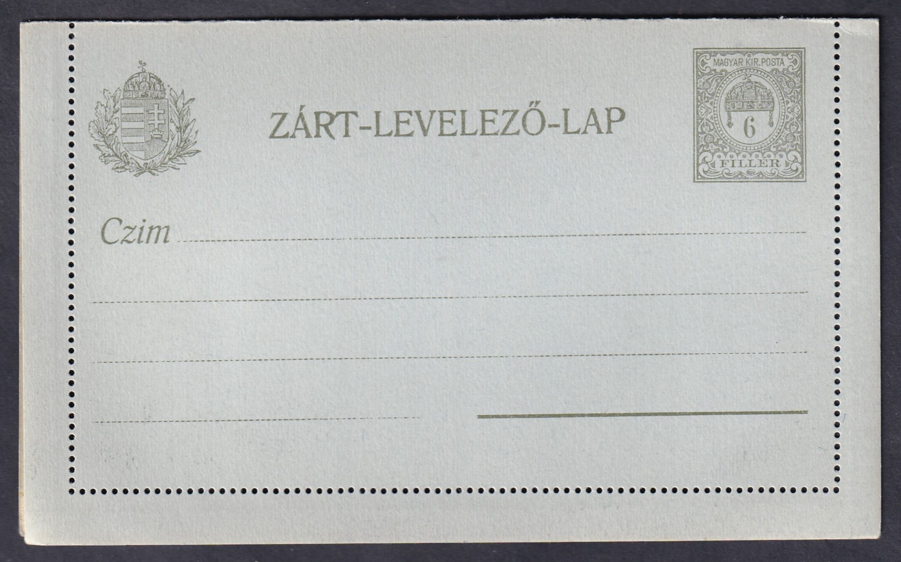 1913. 6f használatlan Zárt Levelezőlap II. (11,5 keret fogazással)