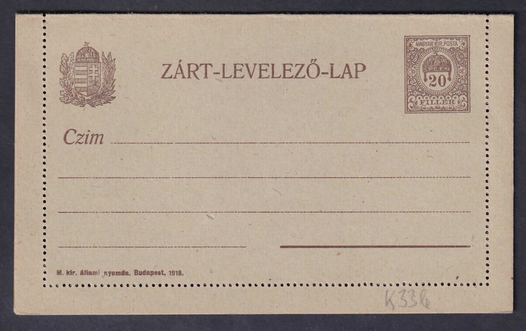 1917. 20f használatlan Zárt levelezőlap (10,1/2-es keret fogazással)