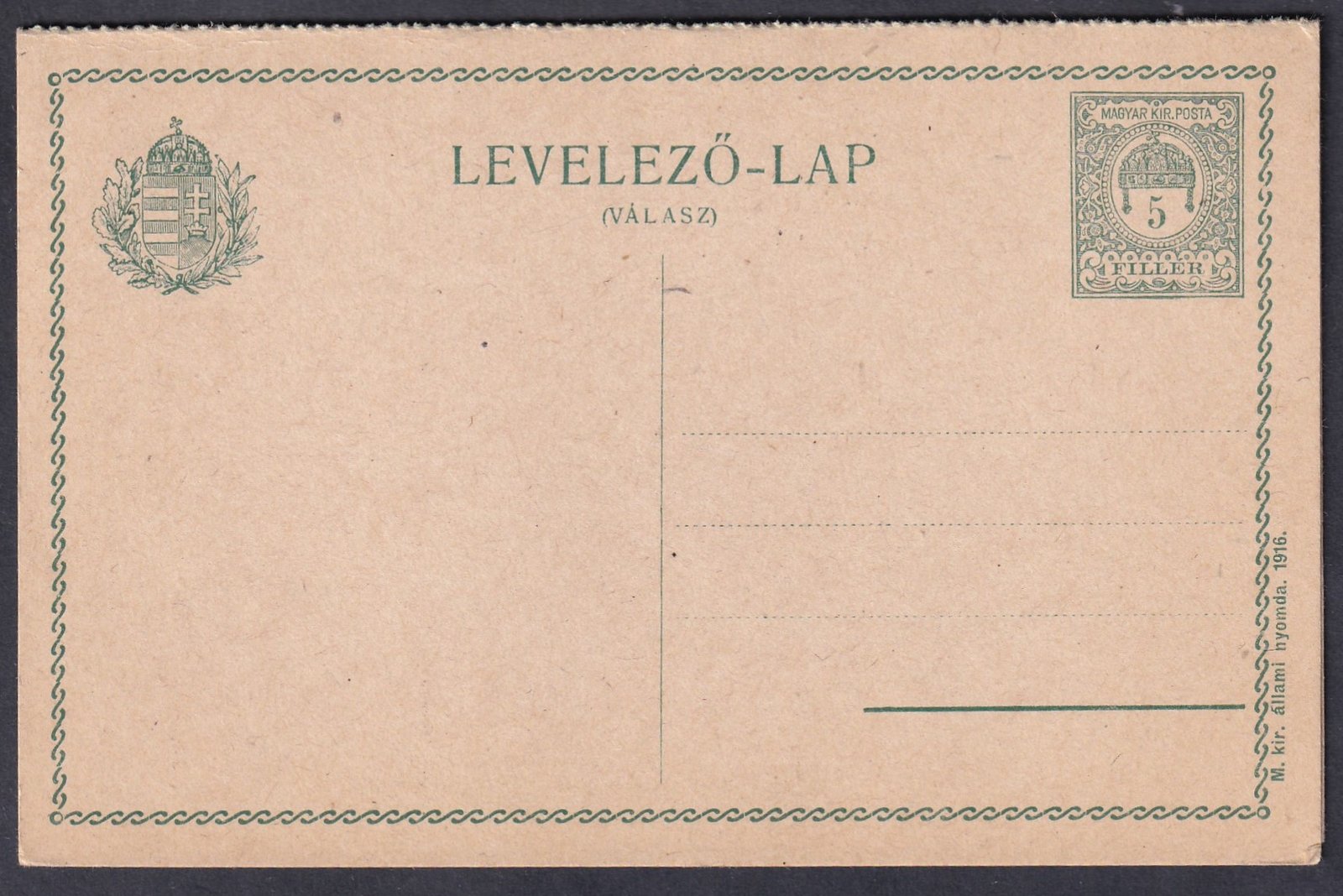1916. 5f+5f Válaszlapos levelezőlap
