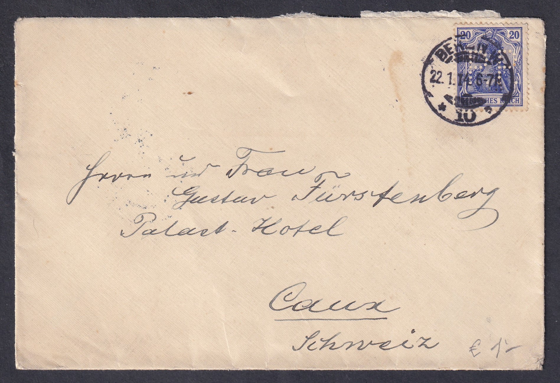 1914. Deutsches Reich 20 Pf. *PP* perfin levélen