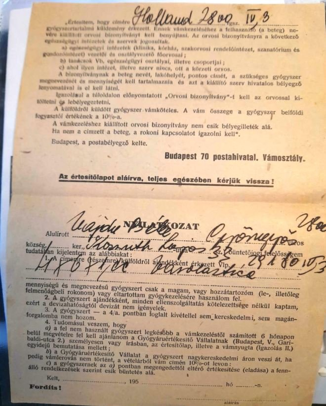 1958. Ritka portómentes postai nyomtatvány – gyógyszer vámértesítő levelezőlap, Budapest 70, Hollandiából érkezett küldeményhez