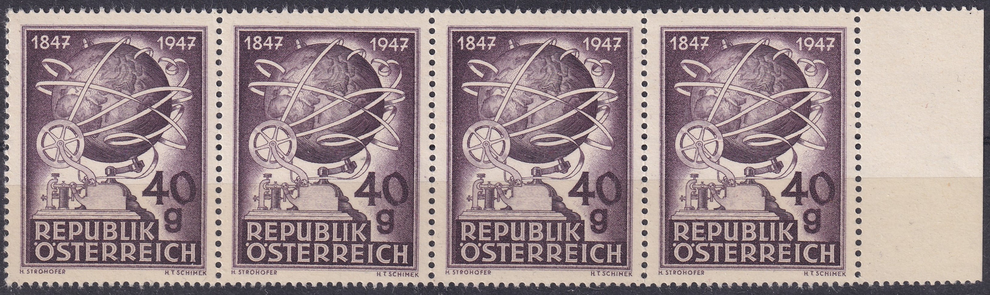IMG_20260224_0006 1947. Ausztria, 100 éves a Távíró, ívszéli négyes csíkban