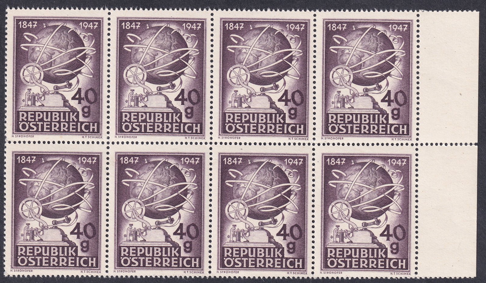 1947. Ausztria, 100 éves a Távíró, ívszéli 8-as tömbben