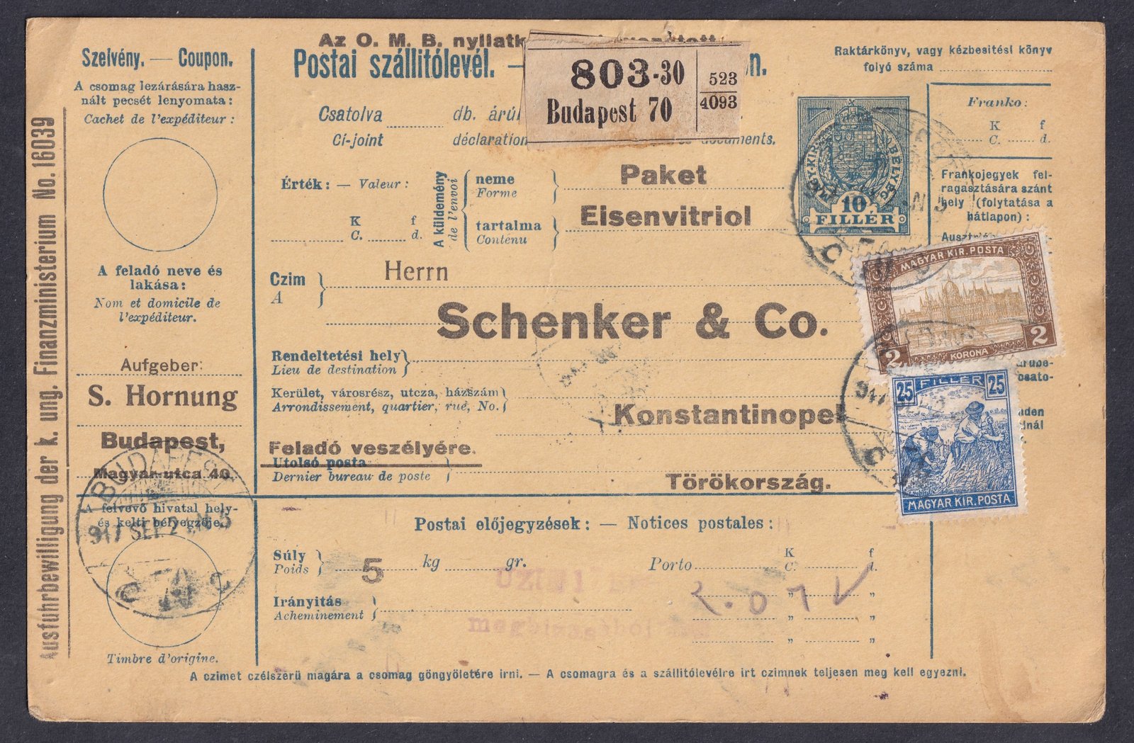 1917. Budapest, Törökországba feladott szállítólevél