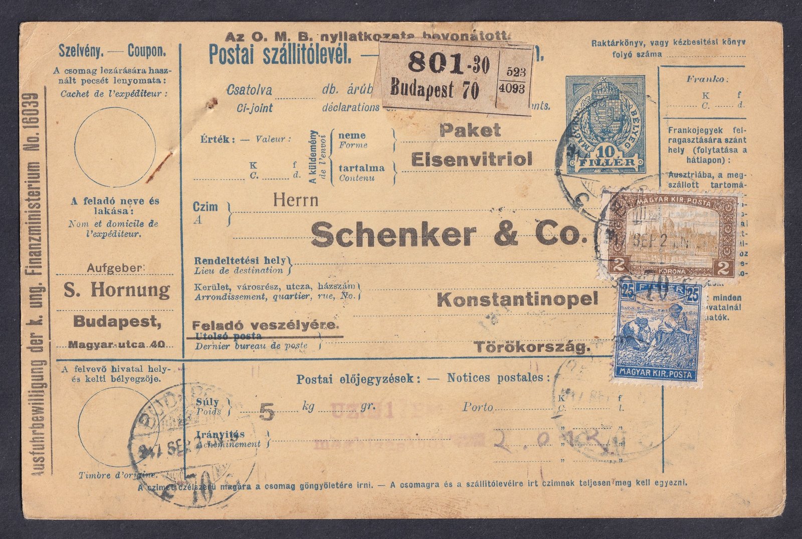 1917. Budapest, Törökországba feladott szállítólevél