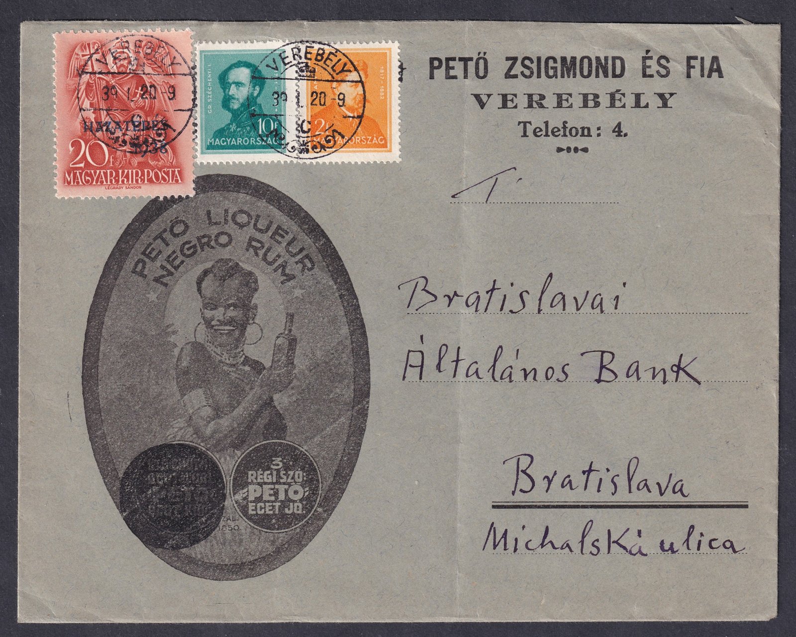 1939. Verebély, Pozsony (Csehszlovákia)-ba feladott céges levél