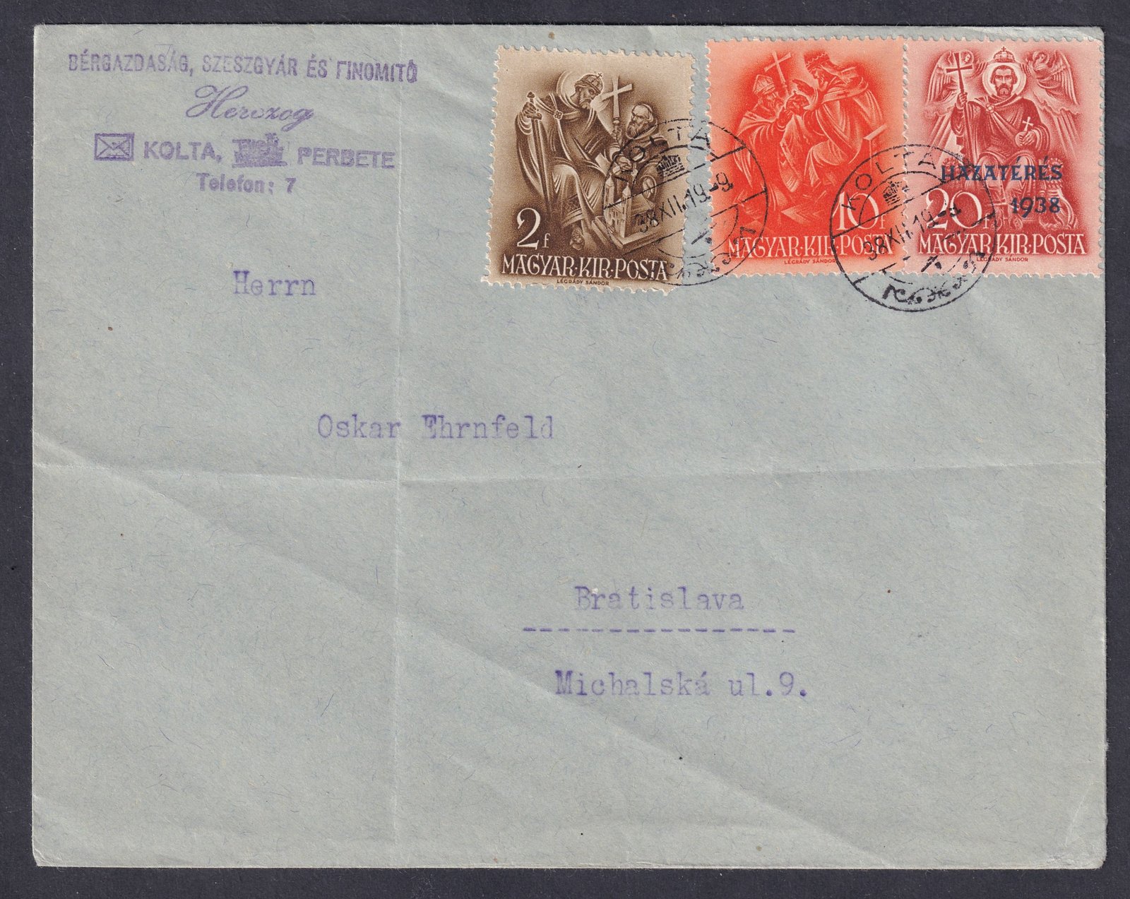 1938. KOLTA, Pozsonyba feladott levél