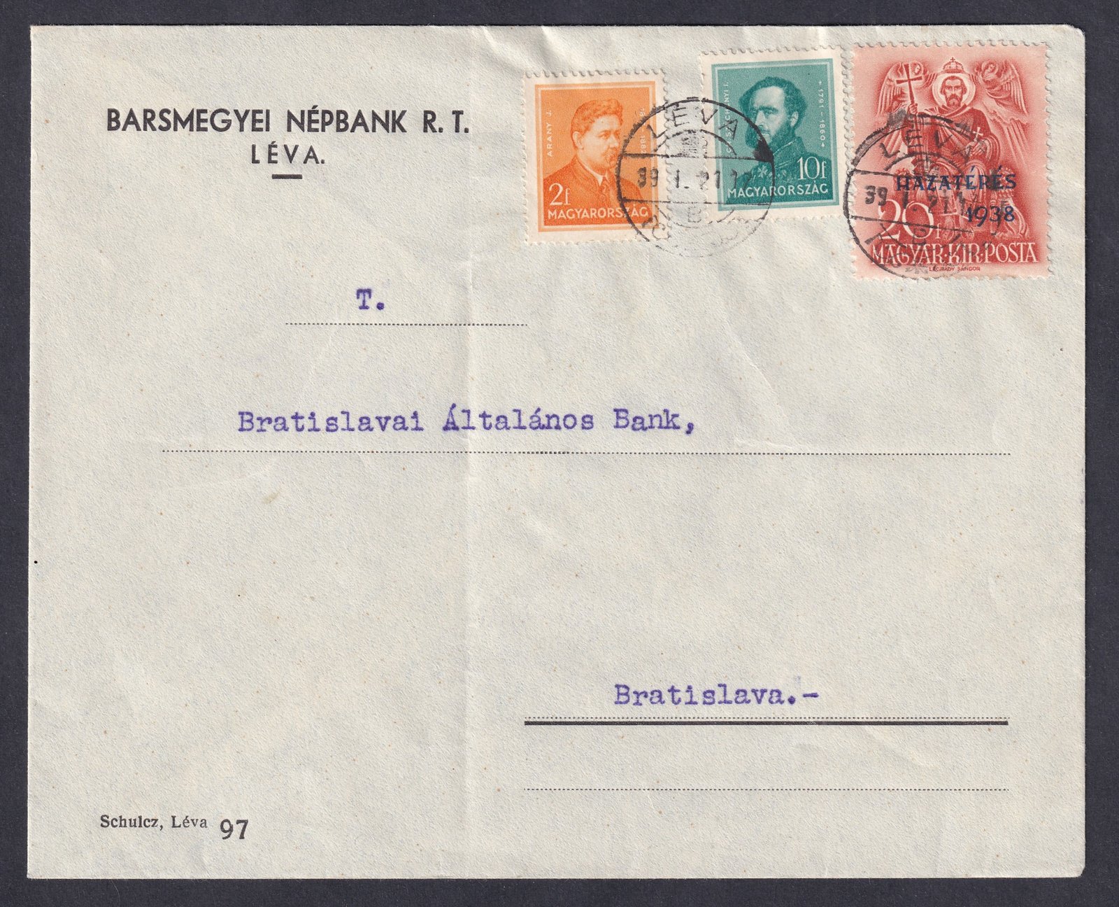 1938. LÉVA, Pozsonyba feladott levél