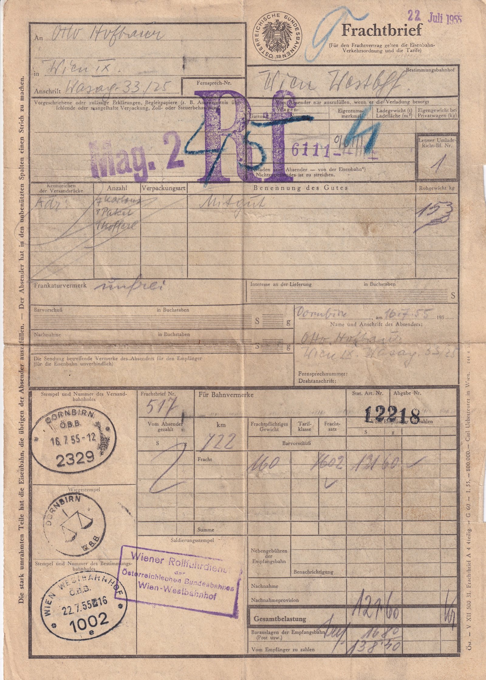 1955. Ausztria, vasúti fuvarlevél