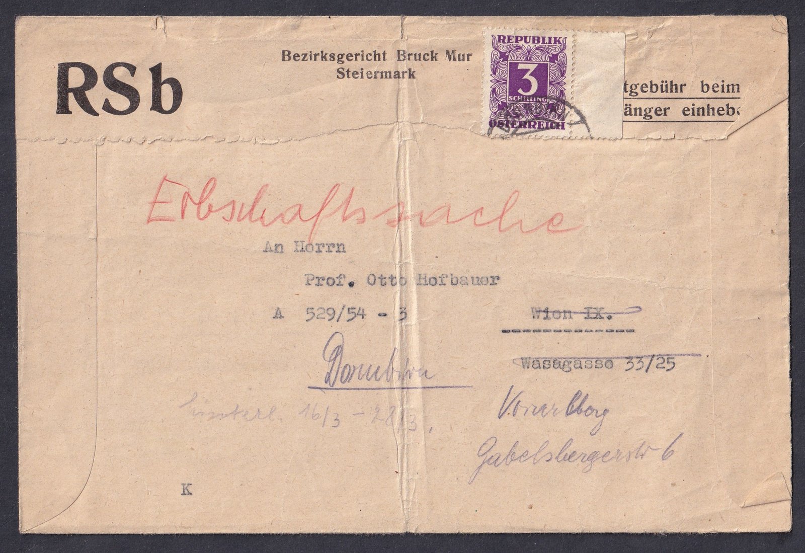 1935. Ausztria, portómentes hivatalos levél, tértivénnyel