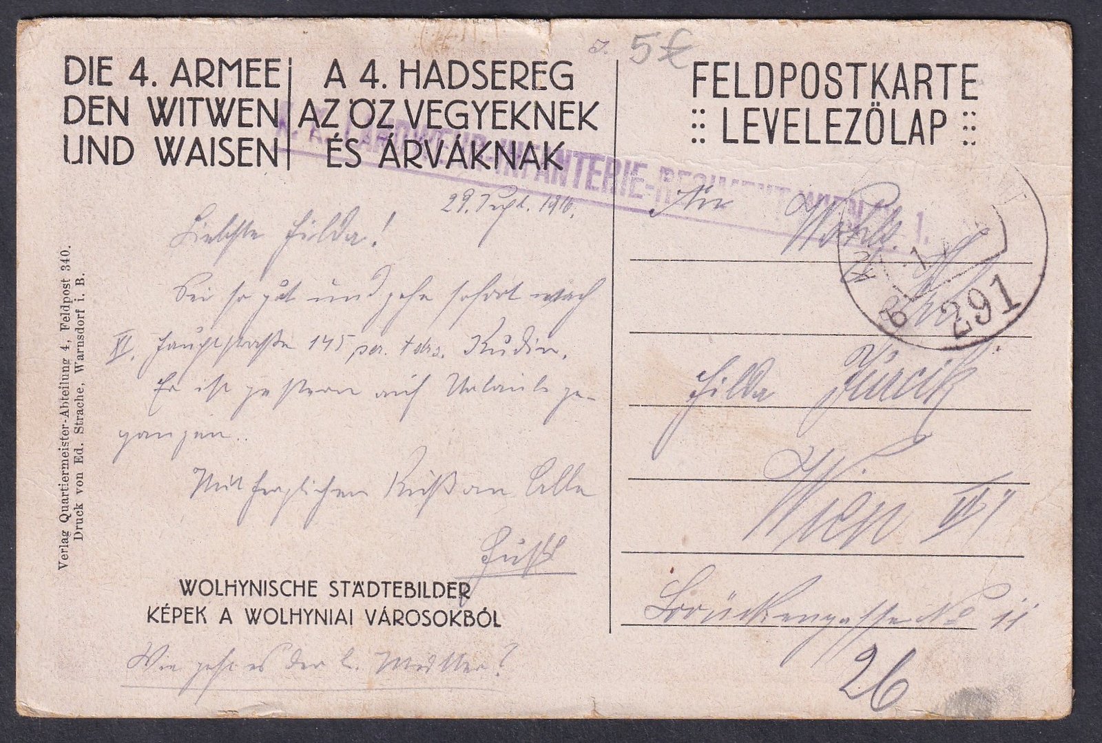 1916. Táboriposta képeslevelezőlap, Bécsbe cenzurázott tartalommal feladott lap