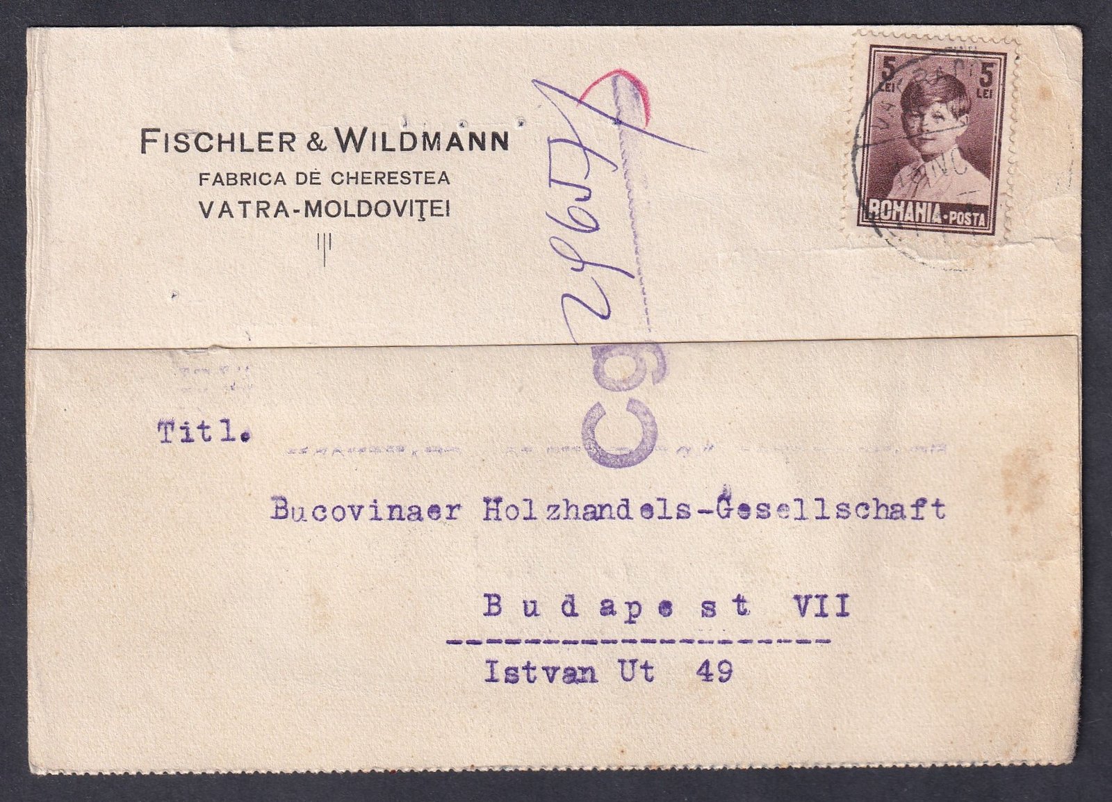 IMG_20260301_0006 1928. Vatra Moldoviței (Románia), Budapestre feladott írógépes levelezőlap