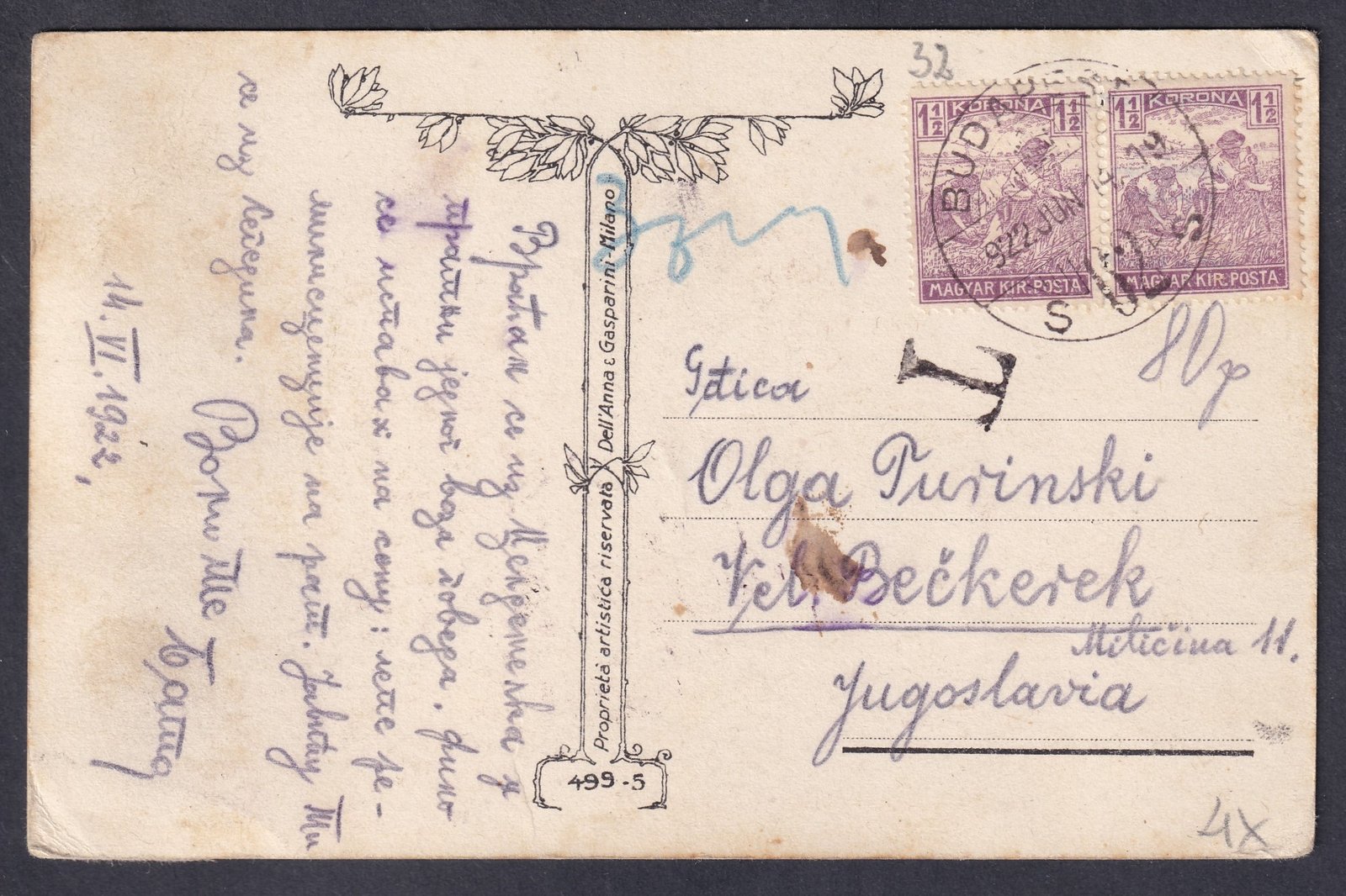 1922. Budapest, NAGY-BECSKEREK (már Jugoszlávia)-ba feladott képeslap, portóval