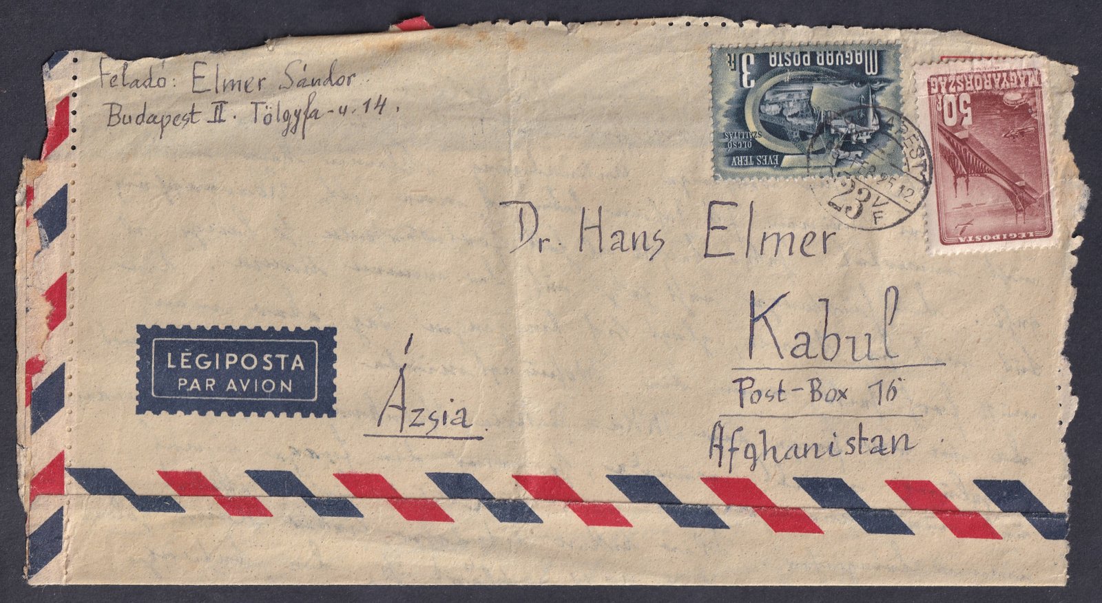 1952. Budapest, Kabul (Afganisztán)-ba feladott légiposta levél - Pesavar (Pakisztán) a légi tarnzit átrakódó helye, amit átmenő bélyegzésn igazol, Kabul érkezési bélyegzéssel