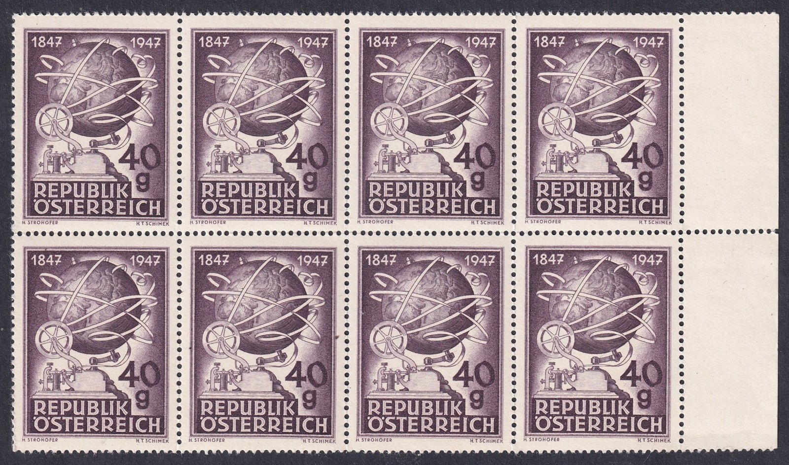 IMG_20260303_0001 1947. Ausztria, 100 éves a Távíró, ívszéli 8-as tömbben