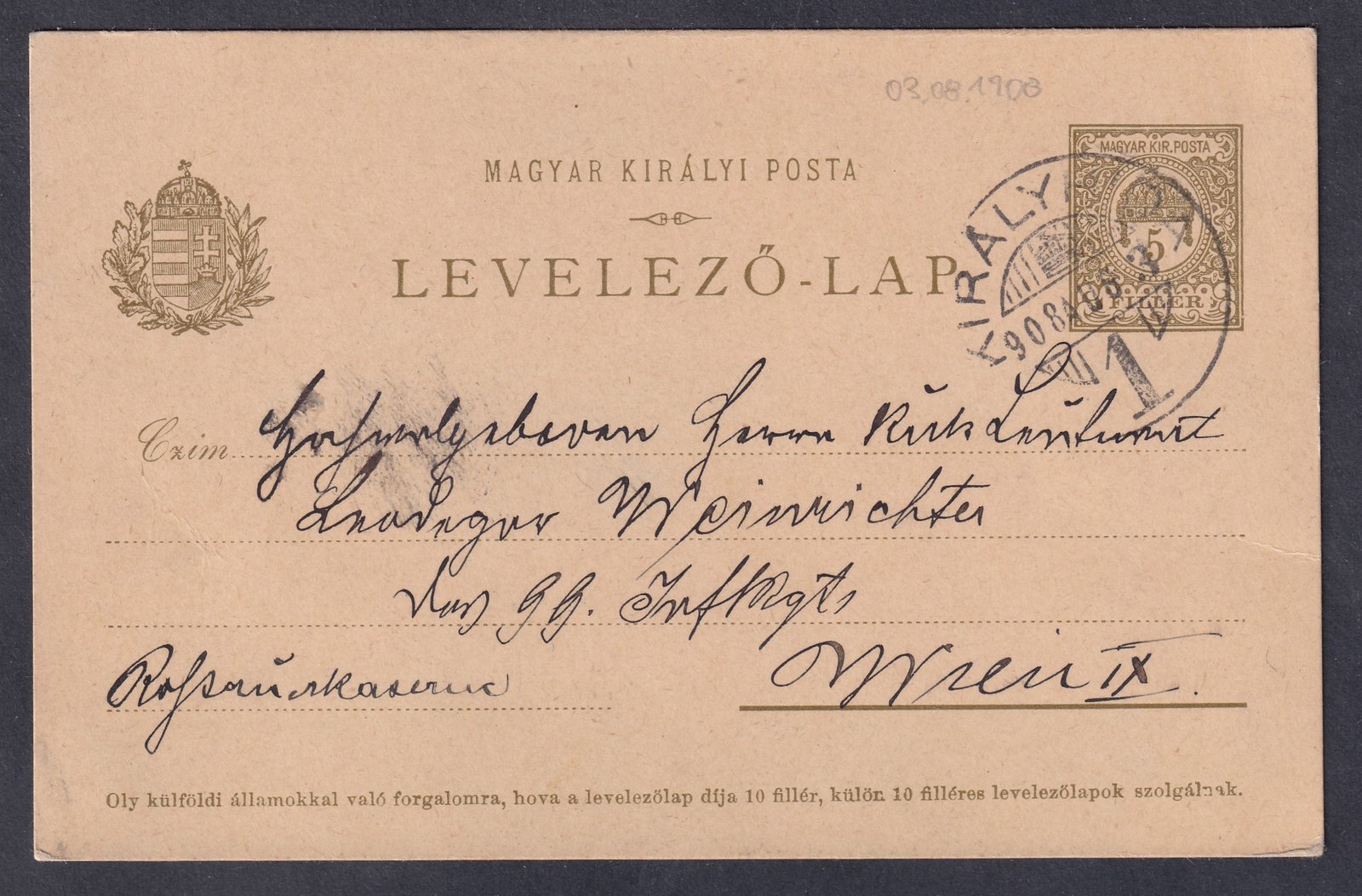 IMG_20260303_0008 1908. Királyhida, Bécsbe feladott levelezőlap